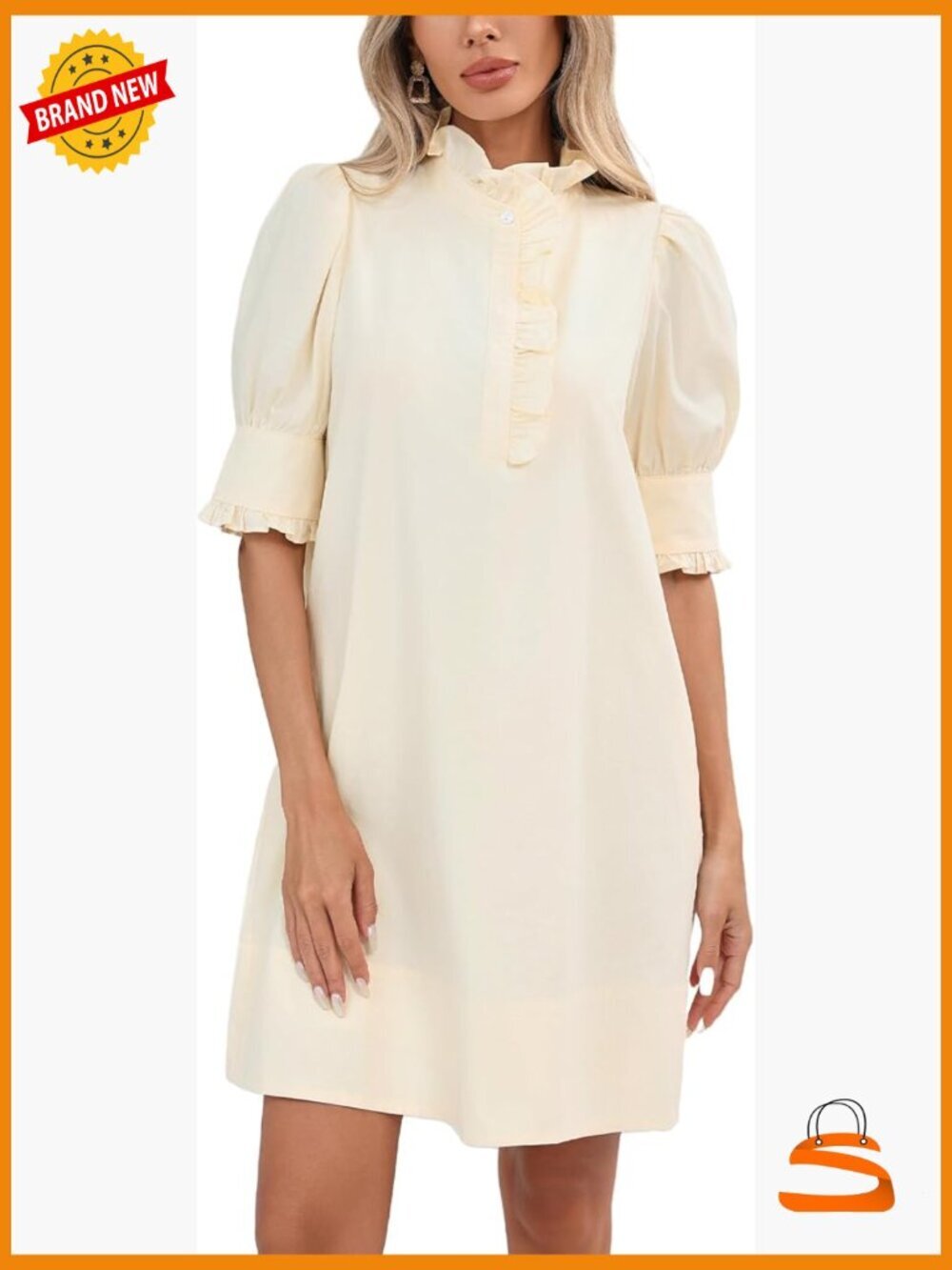 Women's Puff Sleeve Ruffle Collar A-Line Mini Dress with Pockets